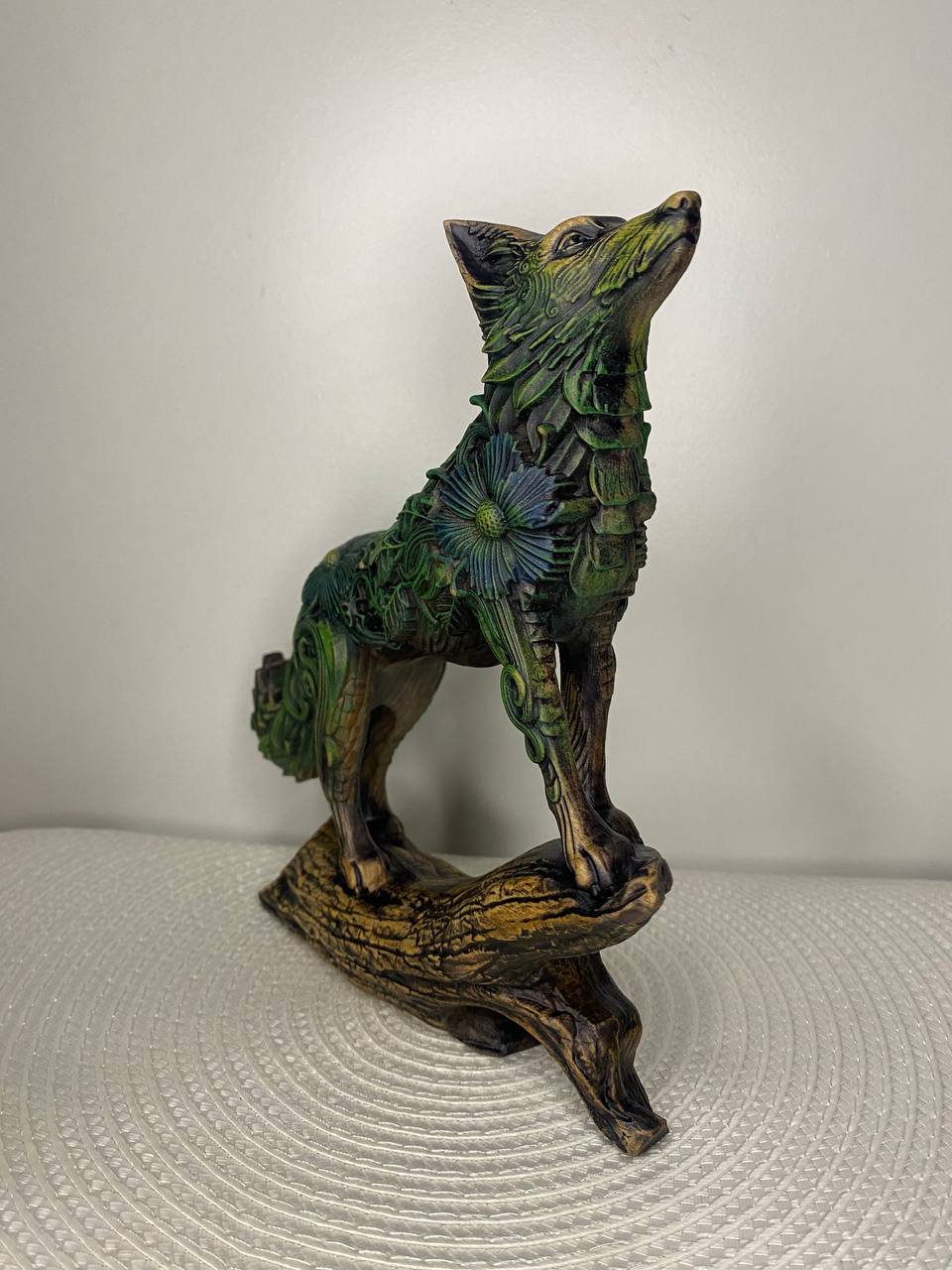 Floral Carved Wooden Fox Statue Woodland Decor Forest Animal Rustic Home Totem Spirit