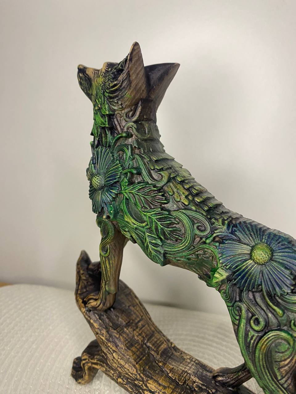 Floral Carved Wooden Fox Statue Woodland Decor Forest Animal Rustic Home Totem Spirit
