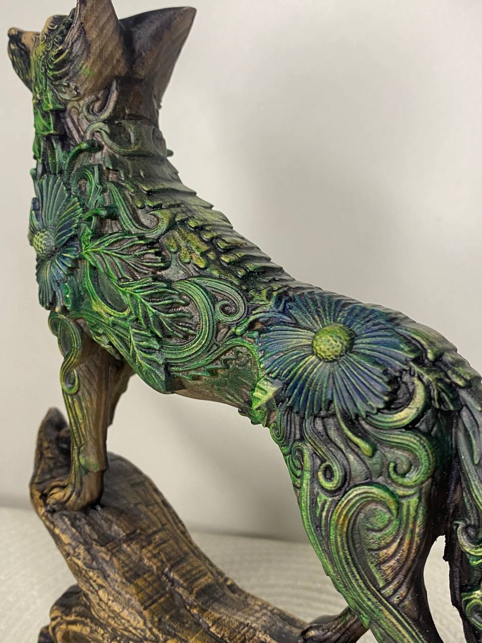 Floral Carved Wooden Fox Statue Woodland Decor Forest Animal Rustic Home Totem Spirit