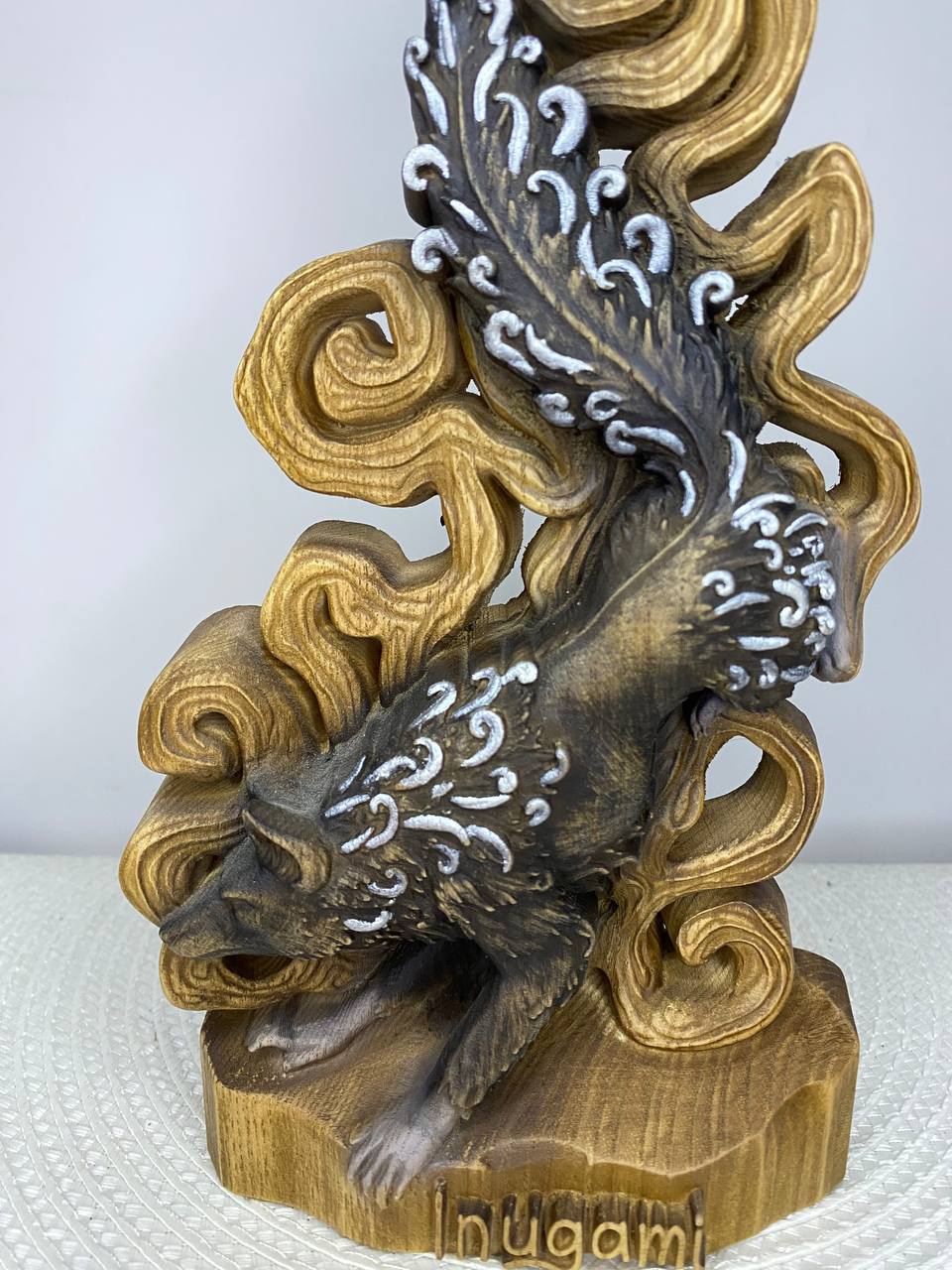 Inugami Statue — Hand-Carved Japanese Spirit Dog Ash Wood Yokai Figurine