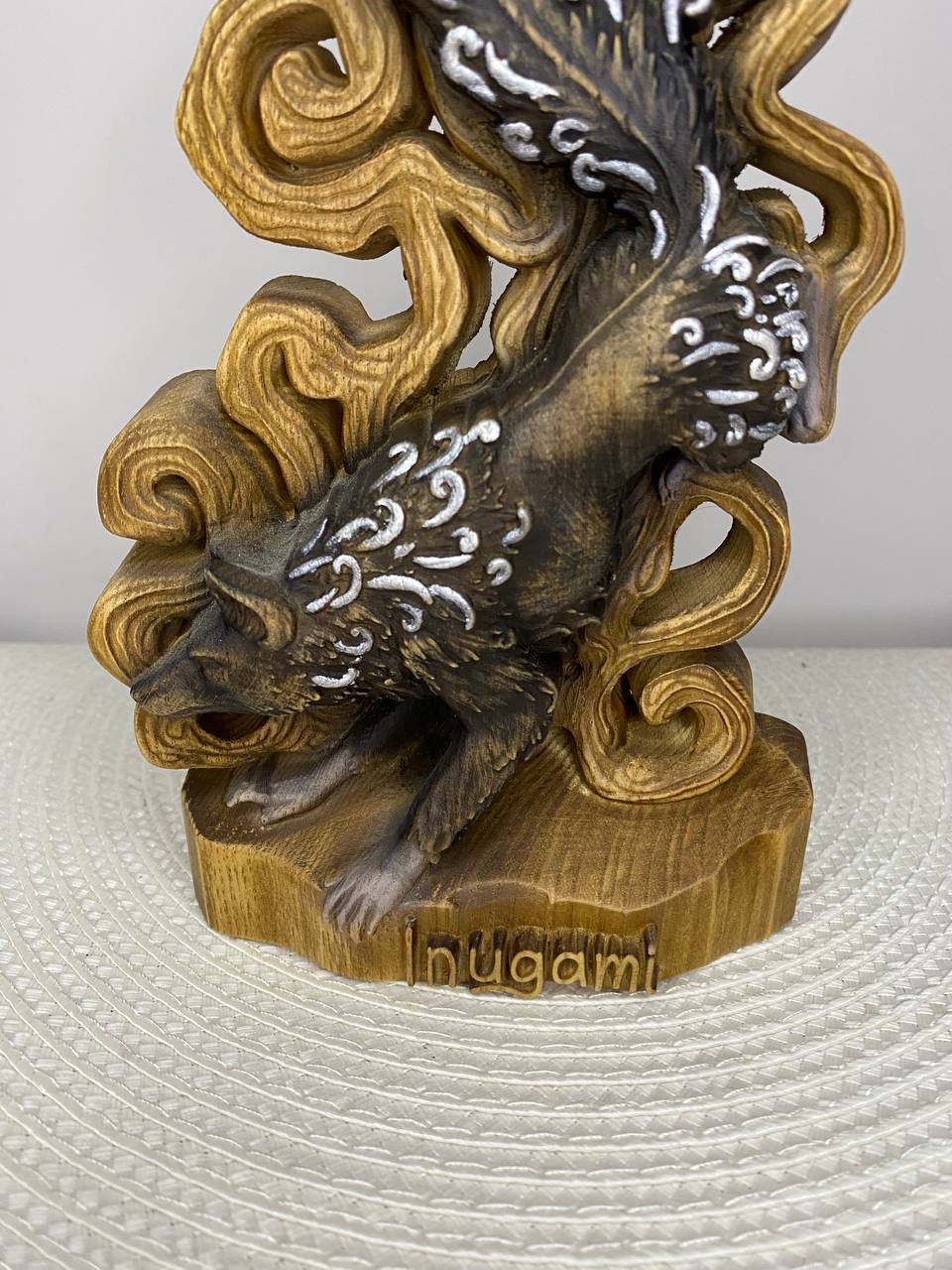 Inugami Statue — Hand-Carved Japanese Spirit Dog Ash Wood Yokai Figurine