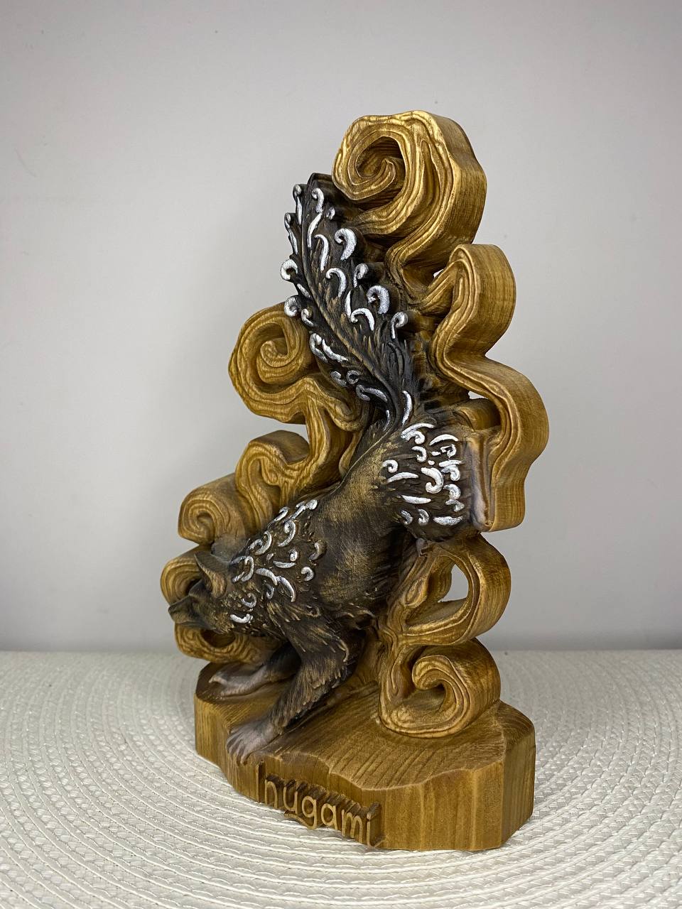 Inugami Statue — Hand-Carved Japanese Spirit Dog Ash Wood Yokai Figurine
