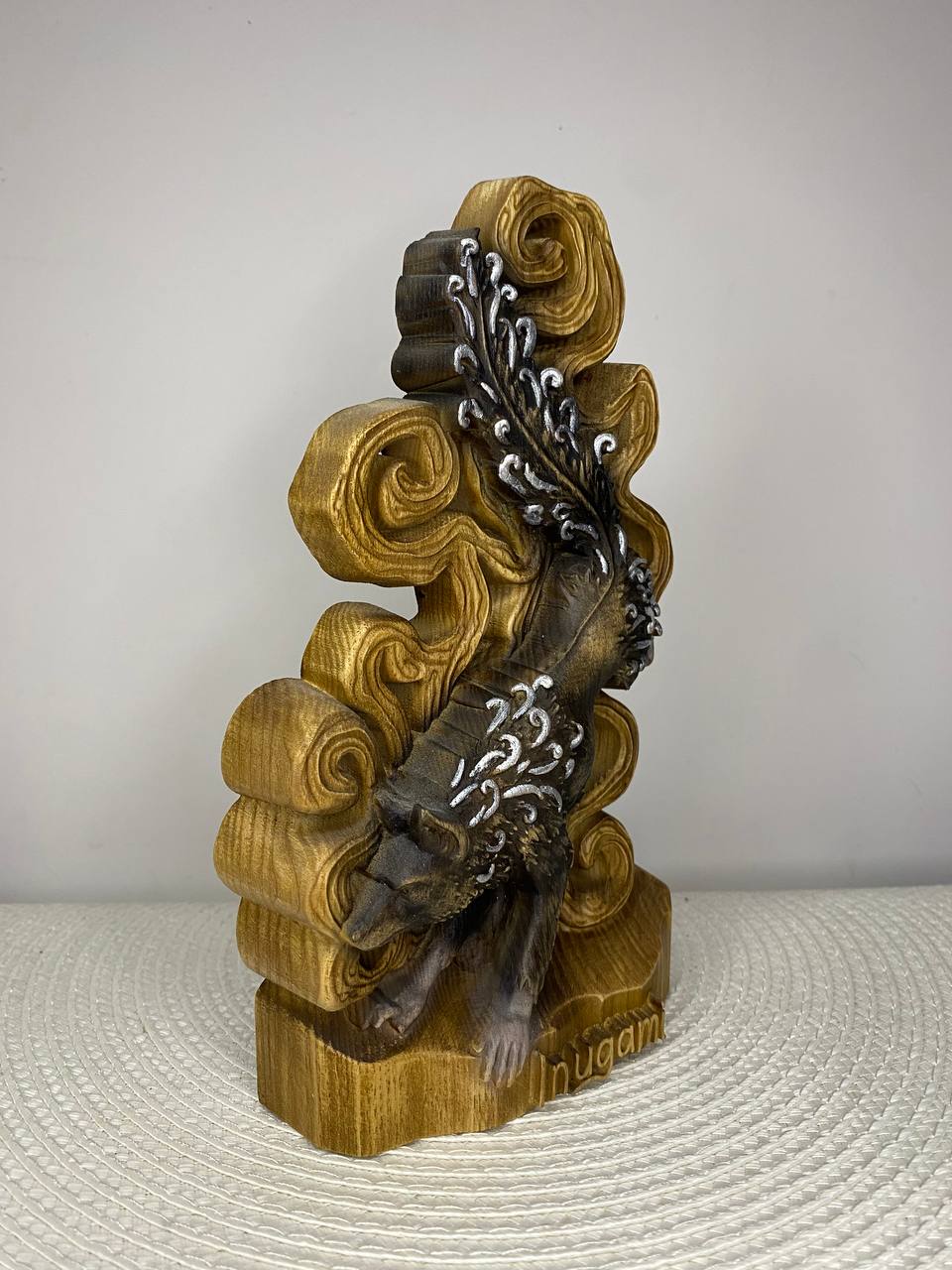 Inugami Statue — Hand-Carved Japanese Spirit Dog Ash Wood Yokai Figurine