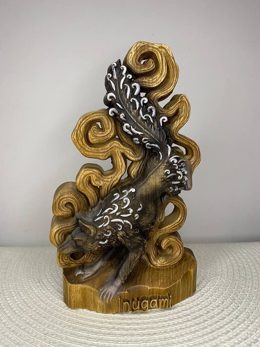 Handcrafted wooden Inugami statue inspired by Japanese folklore, featuring the mystical dog spirit surrounded by flowing wind motifs and ornate carved details, hand-painted in natural wood, gold, silver, and black tones. Japanese mythology altar decor and collectible sculpture.