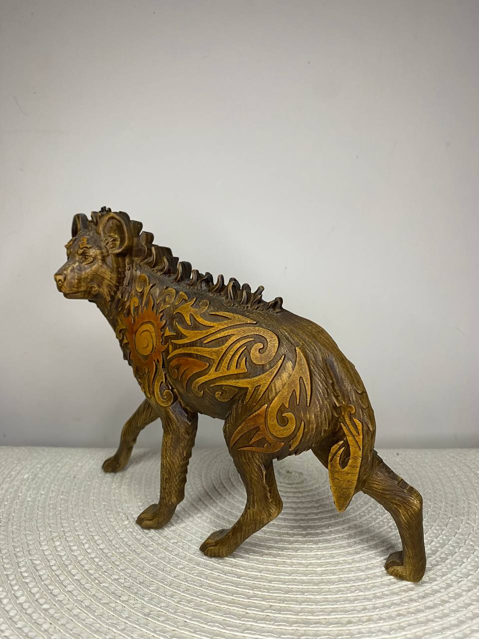 Hyena Figurine — Hand-Carved Ash Wood African Animal Totem Spirit Guide