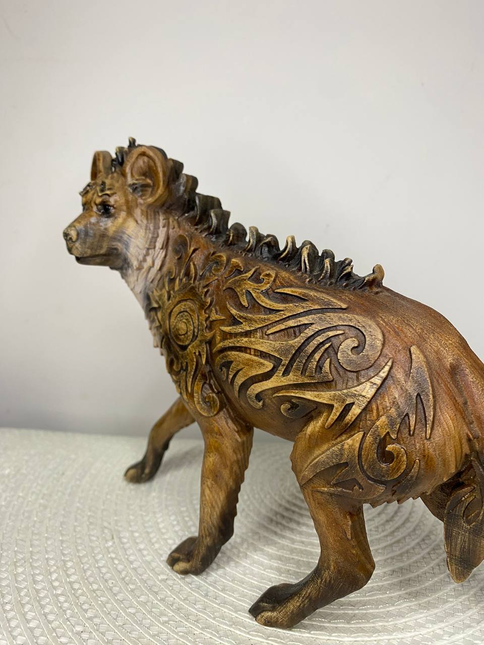 Hyena Figurine — Hand-Carved Ash Wood African Animal Totem Spirit Guide