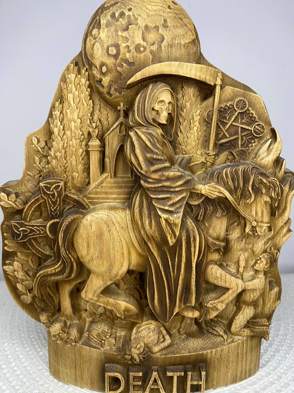 Death on Horse Wooden Statue – Grim Reaper Sculpture, Gothic Occult Decor