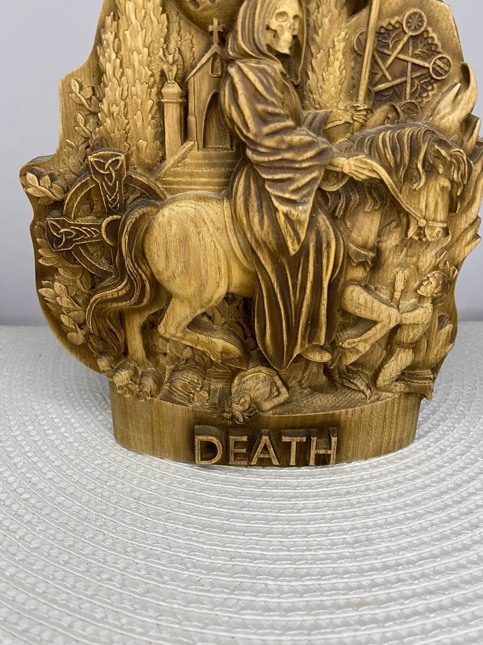 Death on Horse Wooden Statue – Grim Reaper Sculpture, Gothic Occult Decor