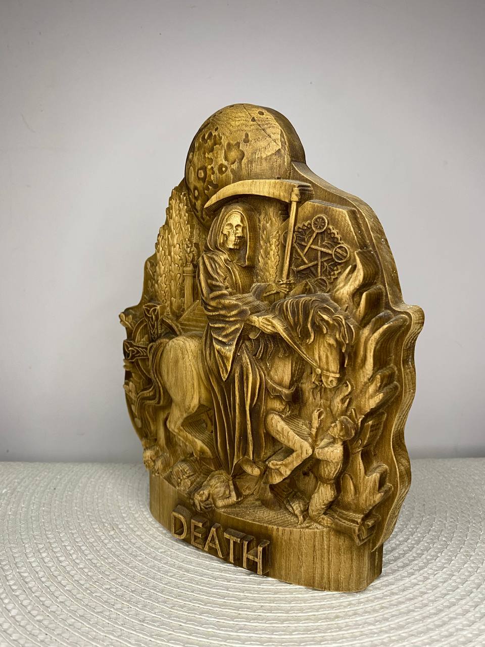 Death on Horse Wooden Statue – Grim Reaper Sculpture, Gothic Occult Decor