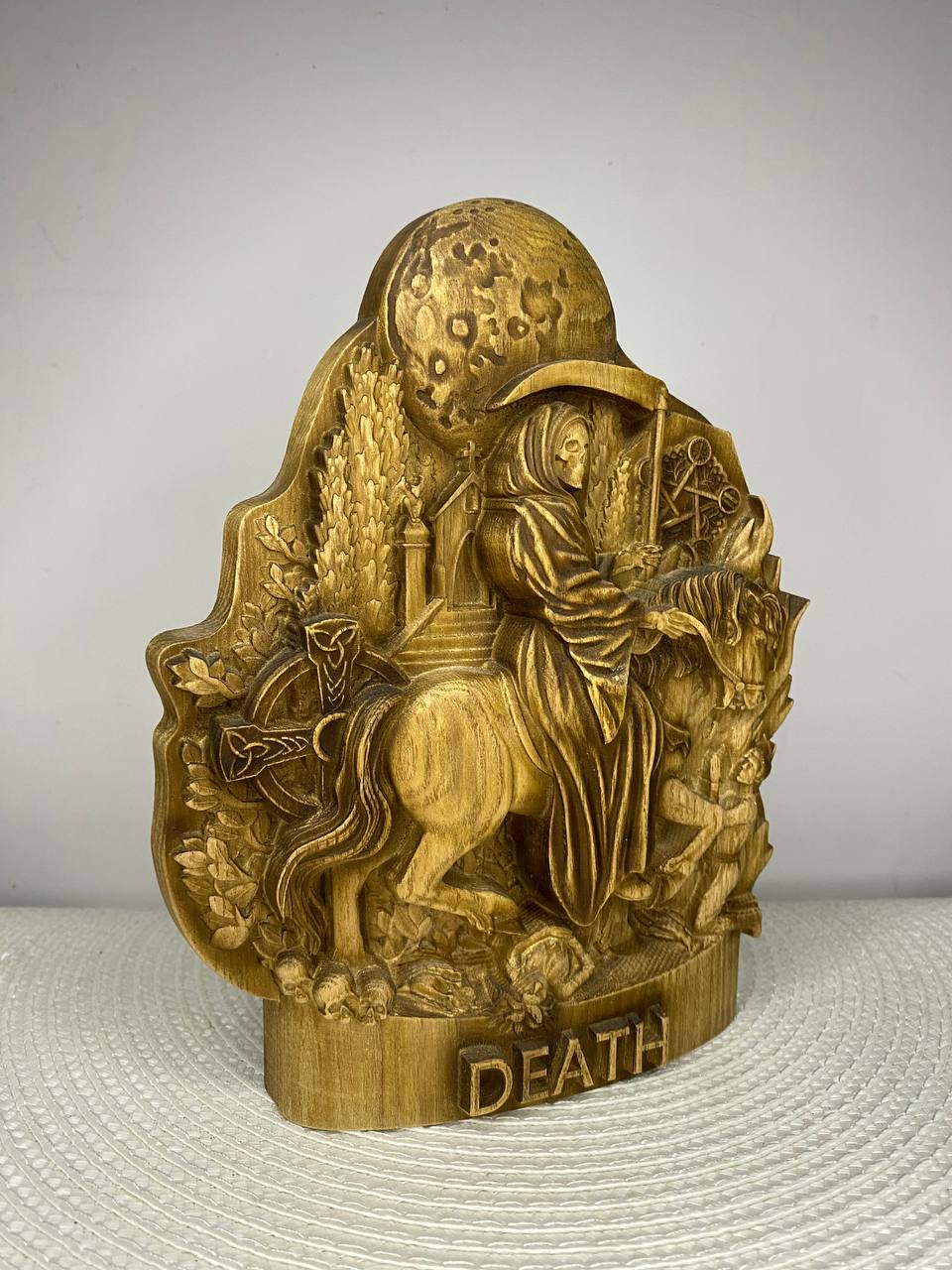 Death on Horse Wooden Statue – Grim Reaper Sculpture, Gothic Occult Decor