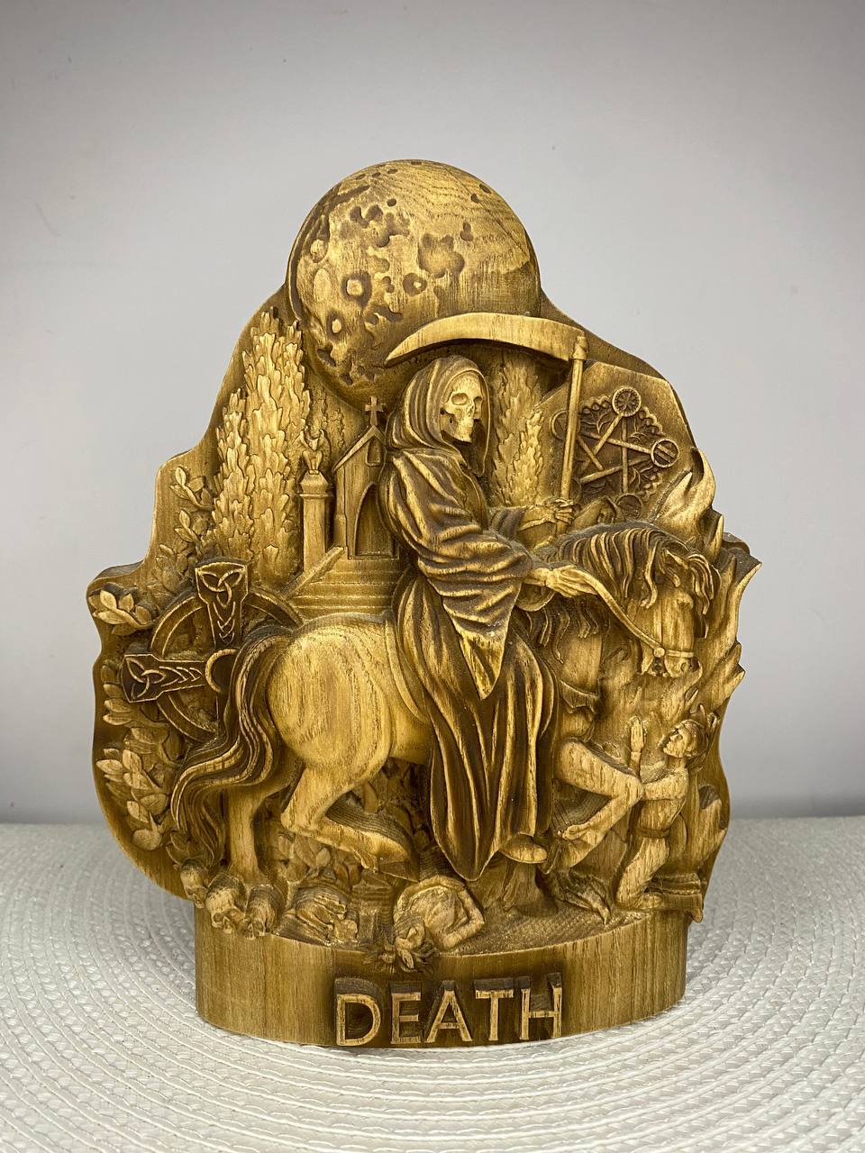 Death on Horse Wooden Statue – Grim Reaper Sculpture, Gothic Occult Decor