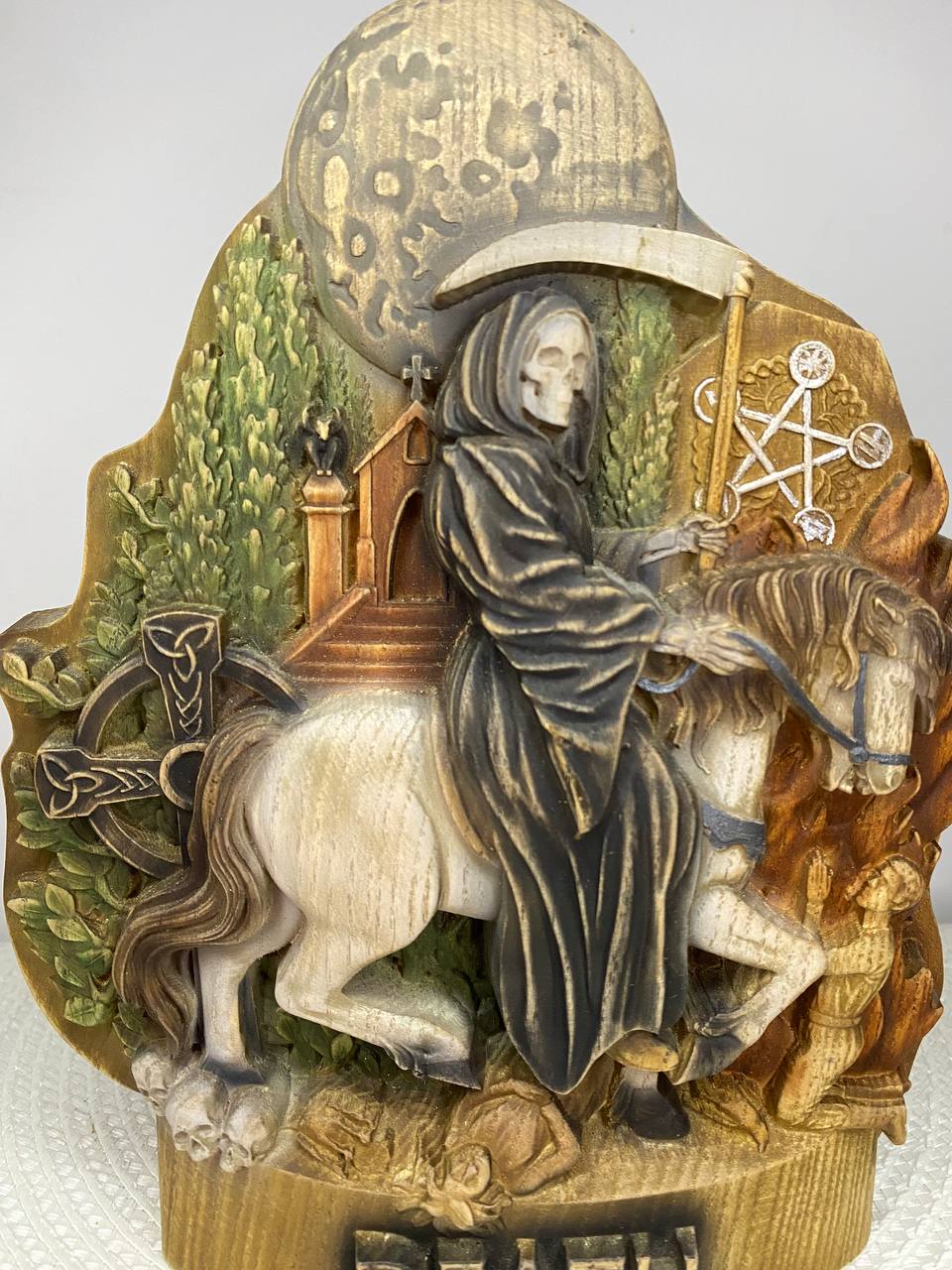 Death on Horse Wooden Statue – Grim Reaper Sculpture, Gothic Occult Decor