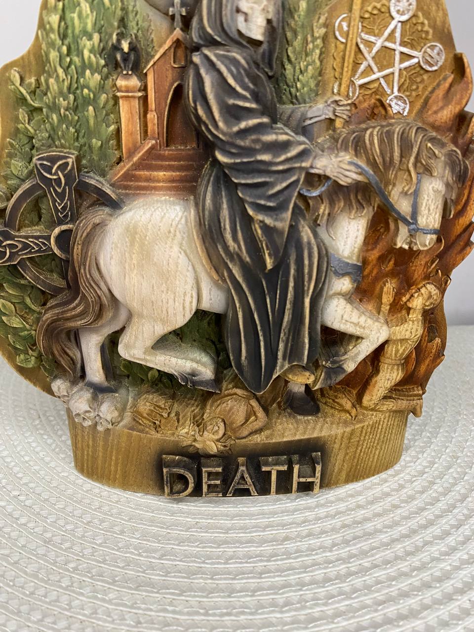 Death on Horse Wooden Statue – Grim Reaper Sculpture, Gothic Occult Decor