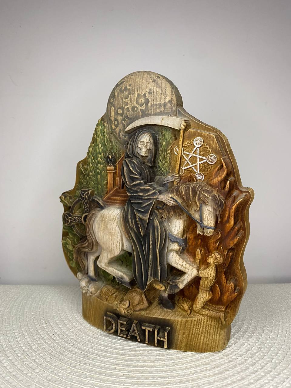 Death on Horse Wooden Statue – Grim Reaper Sculpture, Gothic Occult Decor