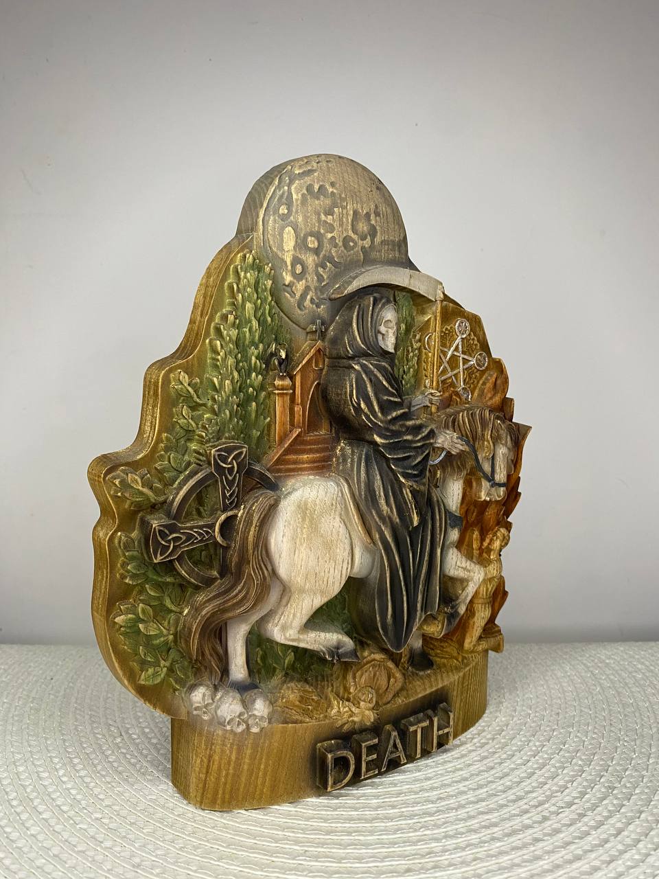 Death on Horse Wooden Statue – Grim Reaper Sculpture, Gothic Occult Decor