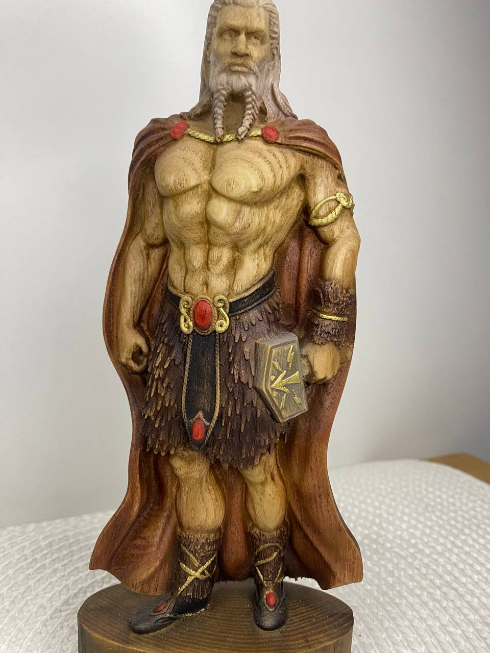 Thor Norse God Wood Statue | Handcarved Mjolnir Figurine