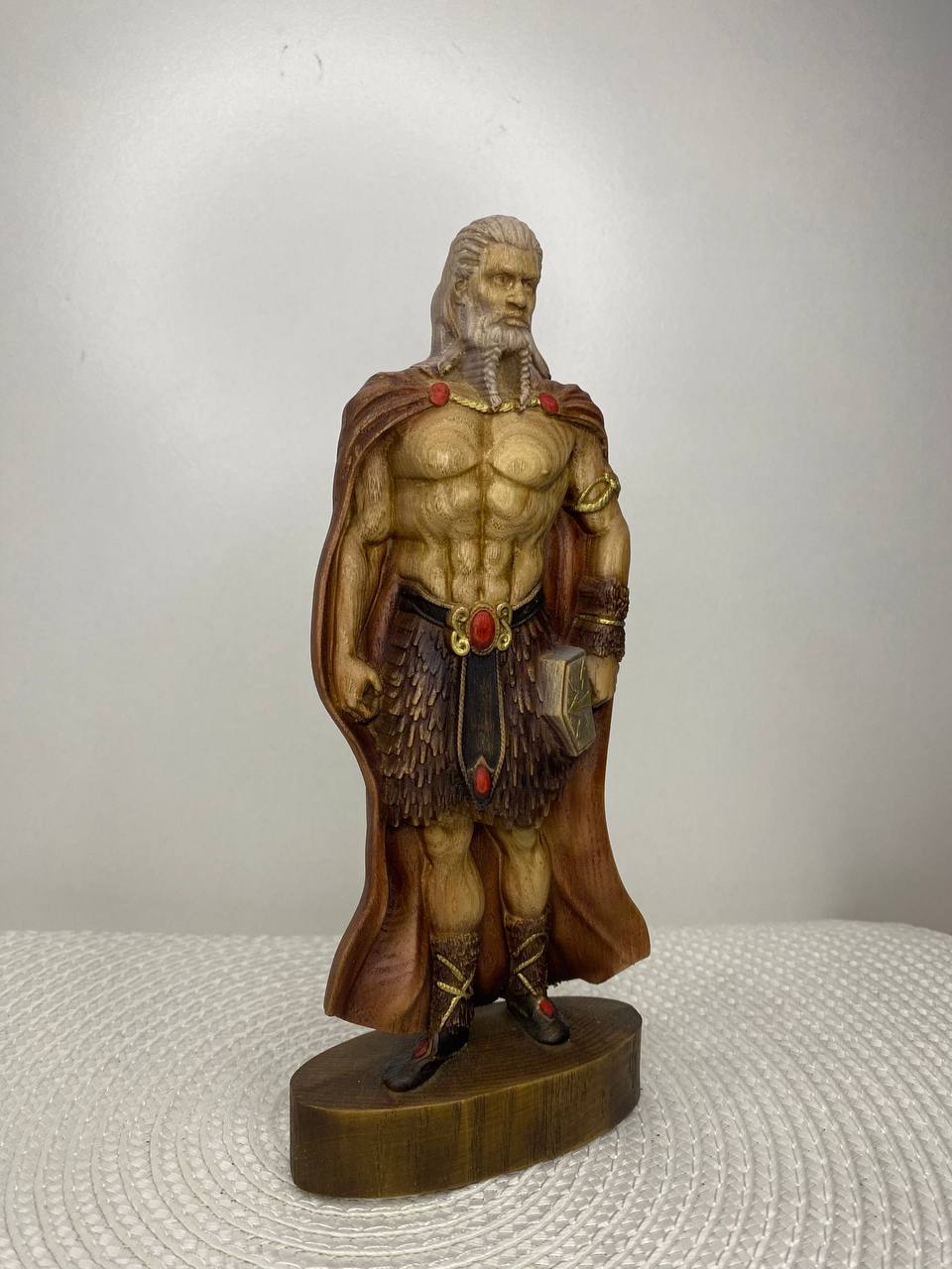 Thor Norse God Wood Statue | Handcarved Mjolnir Figurine