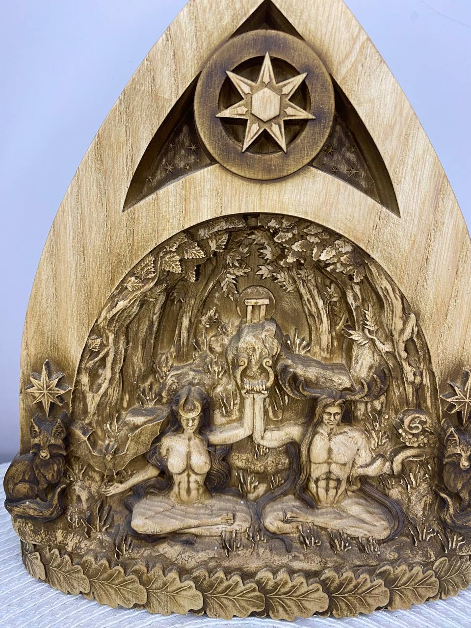 Gods of Moon and Sun Sculpture — Wooden Celtic Druid Pagan Decor
