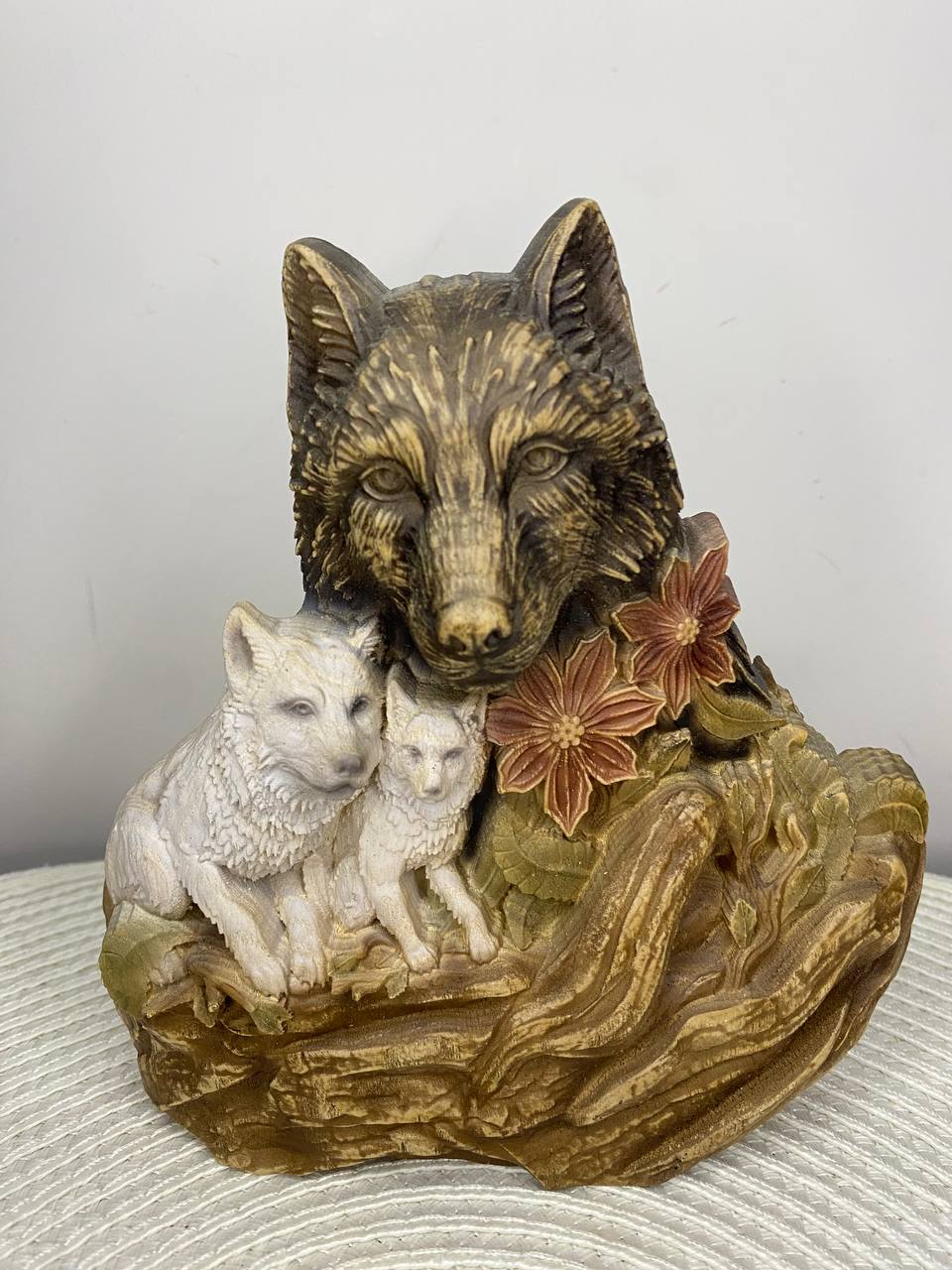 Wolf Mother & Cubs Wooden Statue – Hand Carved Family Animal Decor, Woodland Sculpture