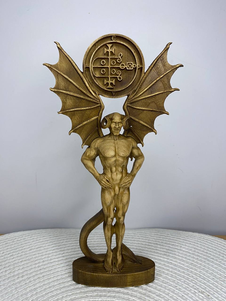 Gaap Wooden Demon Statue – Hand Carved Ars Goetia Sigil Occult Gothic Altar Decor