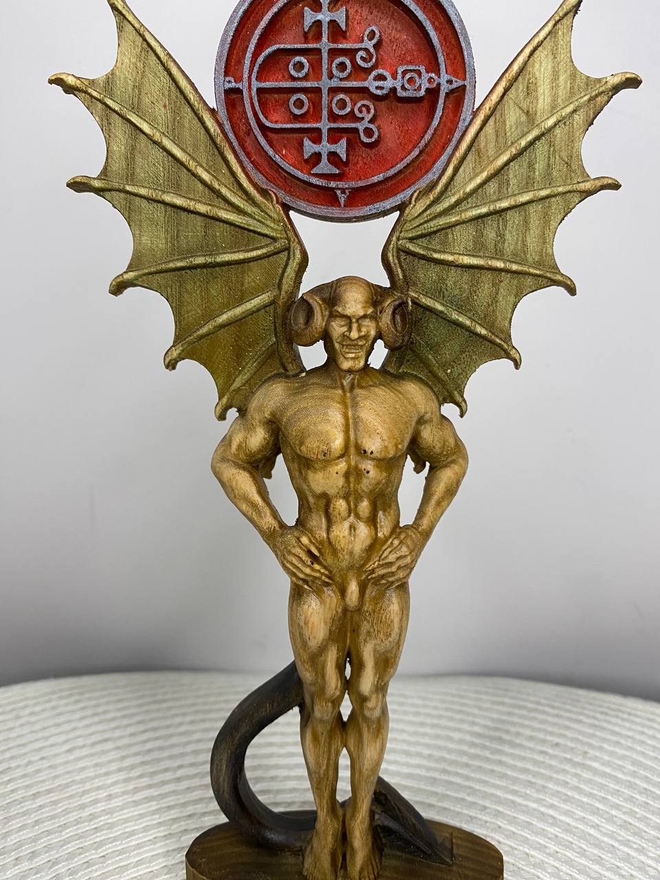 Gaap Wooden Demon Statue – Hand Carved Ars Goetia Sigil Occult Gothic Altar Decor