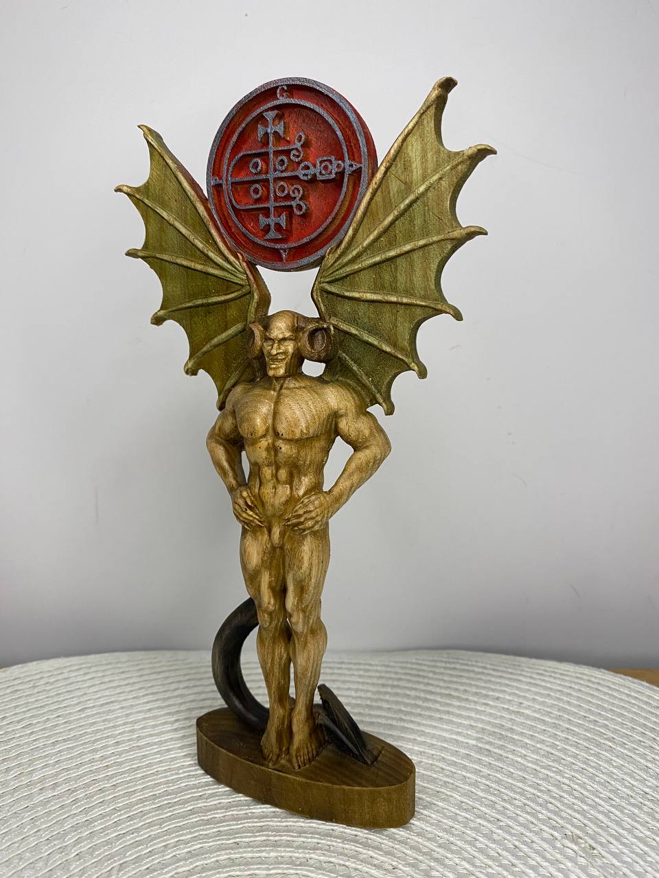 Gaap Wooden Demon Statue – Hand Carved Ars Goetia Sigil Occult Gothic Altar Decor