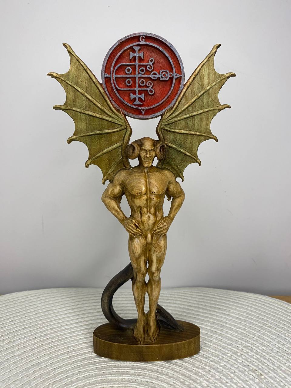 Hand carved wooden statue of Gaap with bat wings, horns, and Ars Goetia sigil, depicting a demonological figure for occult altar decor, gothic interiors, and esoteric collections.
