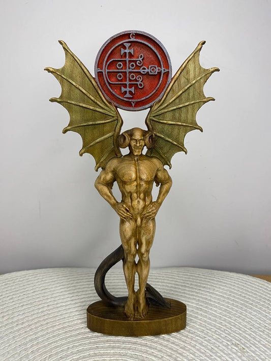 Hand carved wooden statue of Gaap with bat wings, horns, and Ars Goetia sigil, depicting a demonological figure for occult altar decor, gothic interiors, and esoteric collections.
