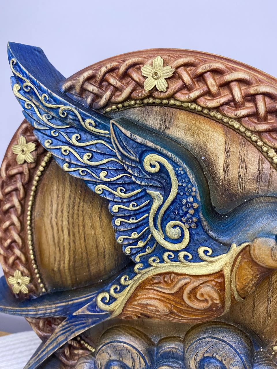 Celtic Swallow Statue — Hand-Carved Wood Relief, Spring Totem & Pagan Altar Decor