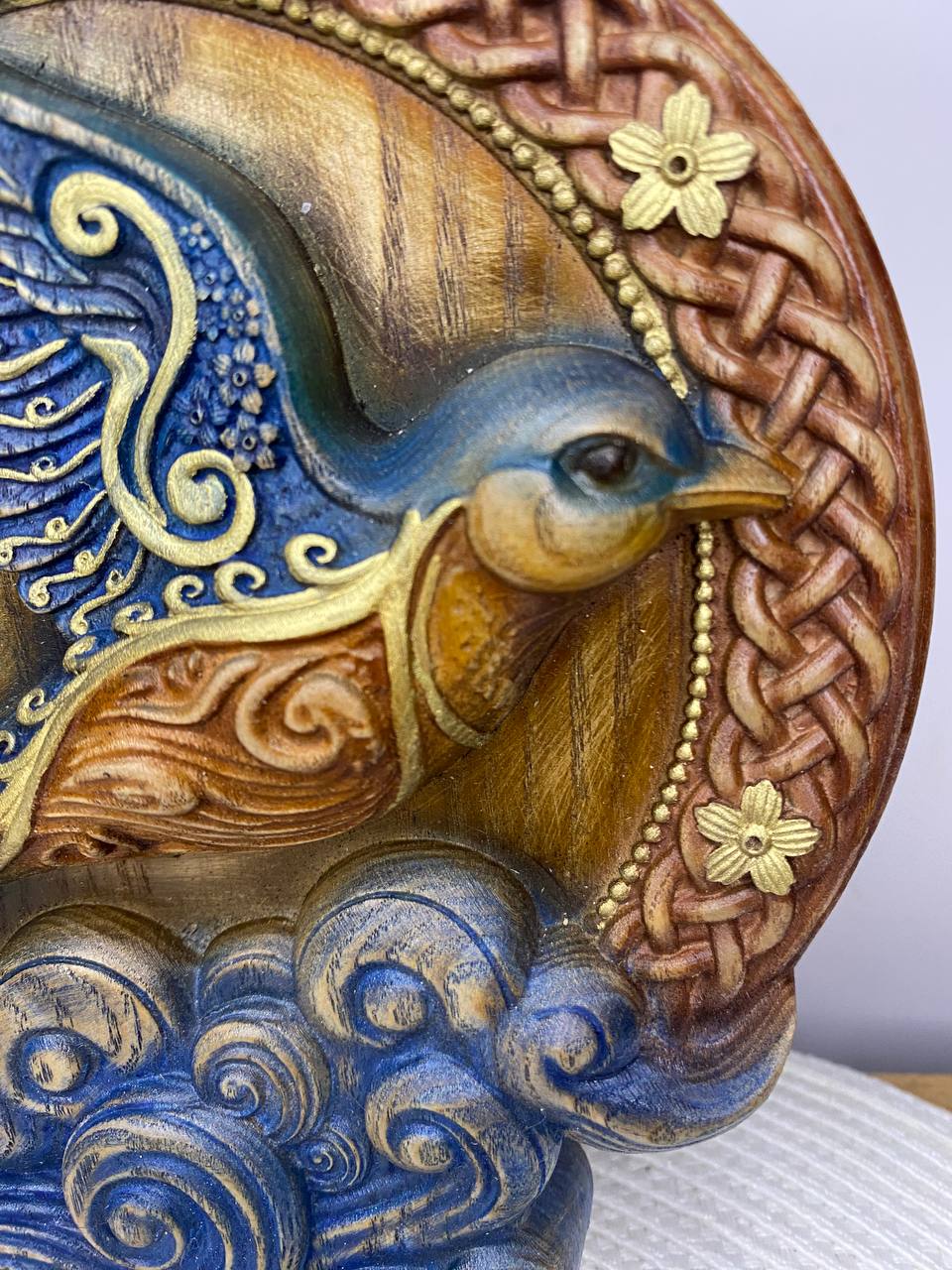 Celtic Swallow Statue — Hand-Carved Wood Relief, Spring Totem & Pagan Altar Decor
