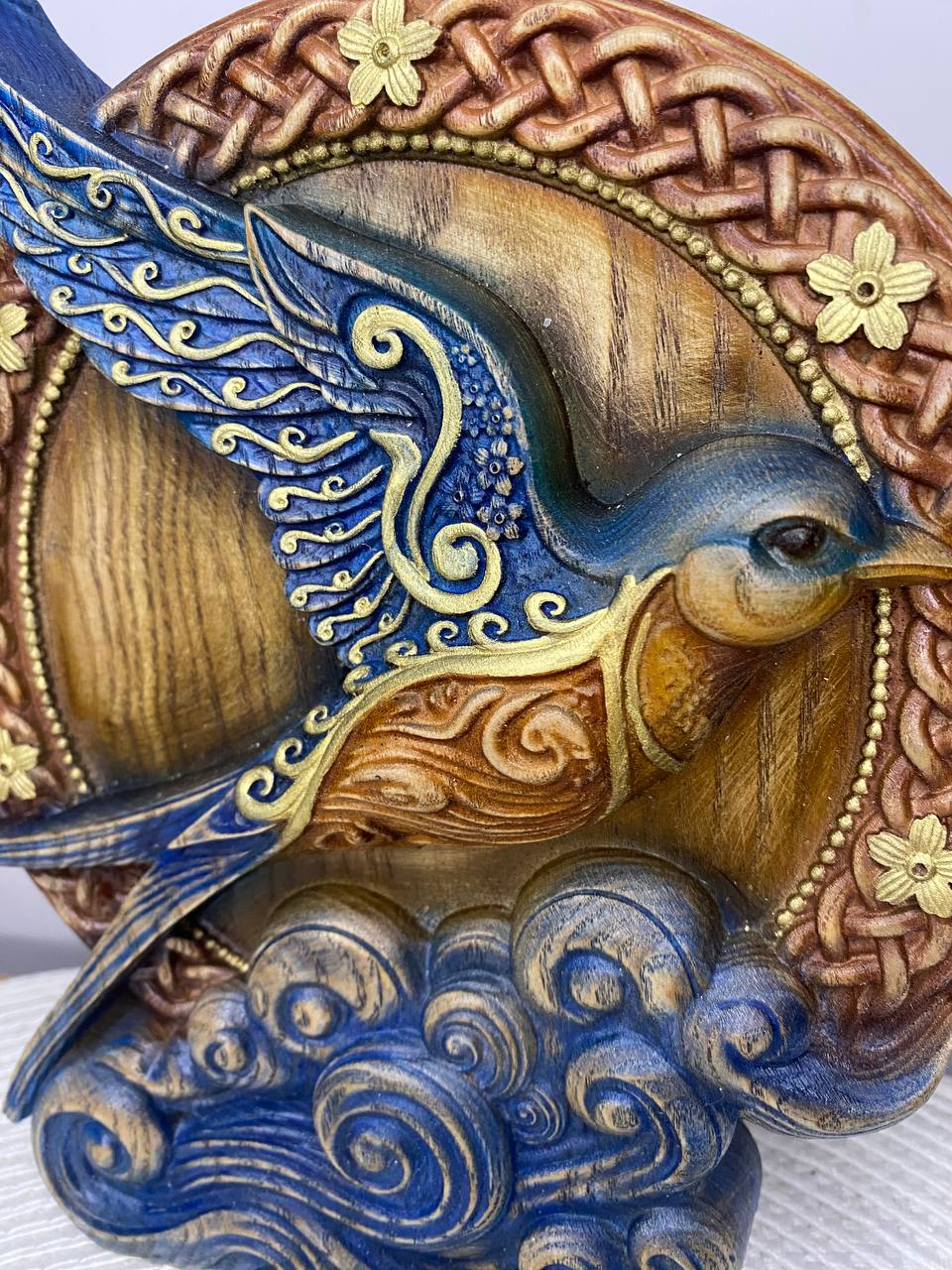 Celtic Swallow Statue — Hand-Carved Wood Relief, Spring Totem & Pagan Altar Decor