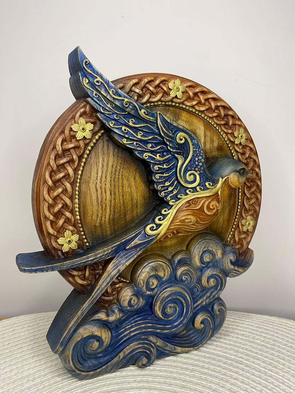 Celtic Swallow Statue — Hand-Carved Wood Relief, Spring Totem & Pagan Altar Decor