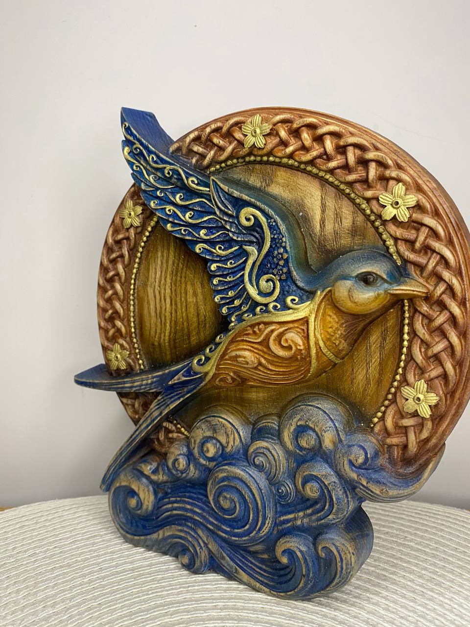 Celtic Swallow Statue — Hand-Carved Wood Relief, Spring Totem & Pagan Altar Decor