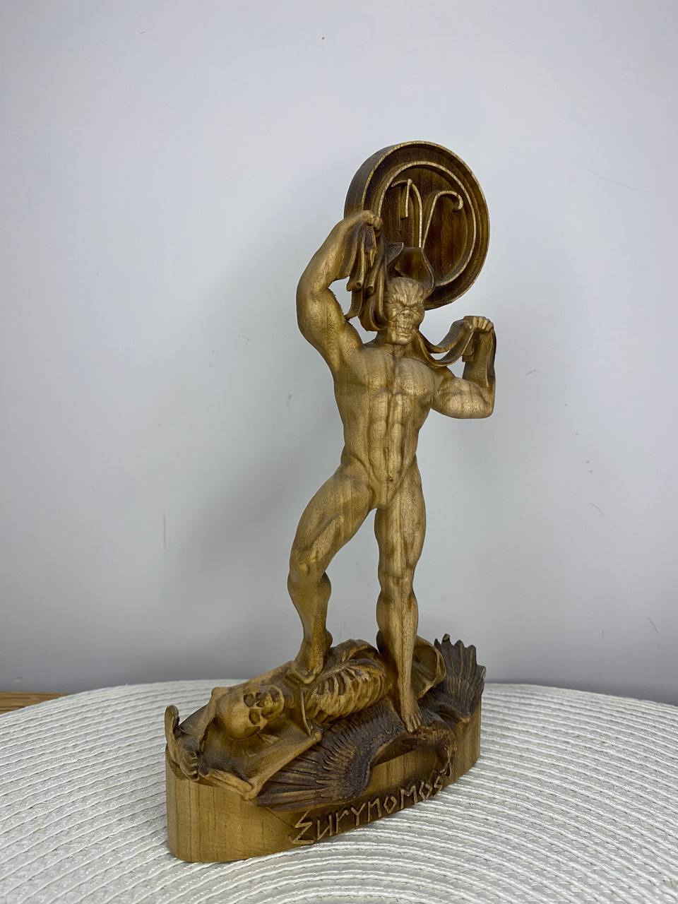Eurynomous Demon Statue — Hand-Carved Ash Wood Greek Underworld Demon Sculpture