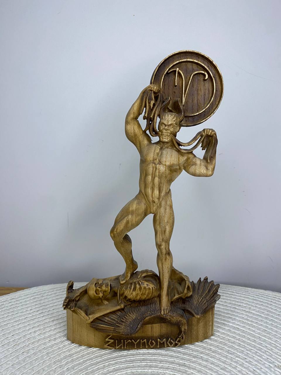 Eurynomous Demon Statue — Hand-Carved Ash Wood Greek Underworld Demon Sculpture