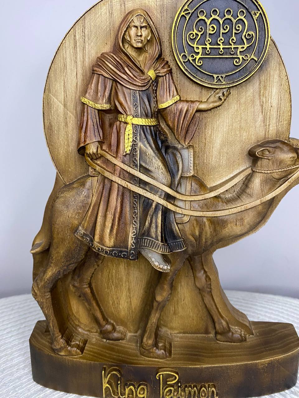 King Paimon Statue — Hand-Carved Ash Wood Goetia Demon King Occult Altar Sculpture