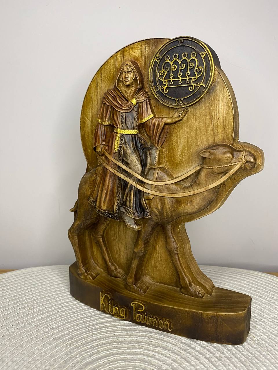 King Paimon Statue — Hand-Carved Ash Wood Goetia Demon King Occult Altar Sculpture