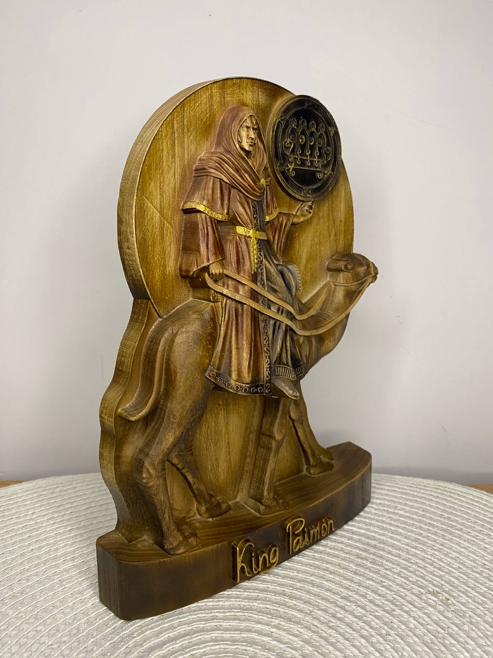King Paimon Statue — Hand-Carved Ash Wood Goetia Demon King Occult Altar Sculpture