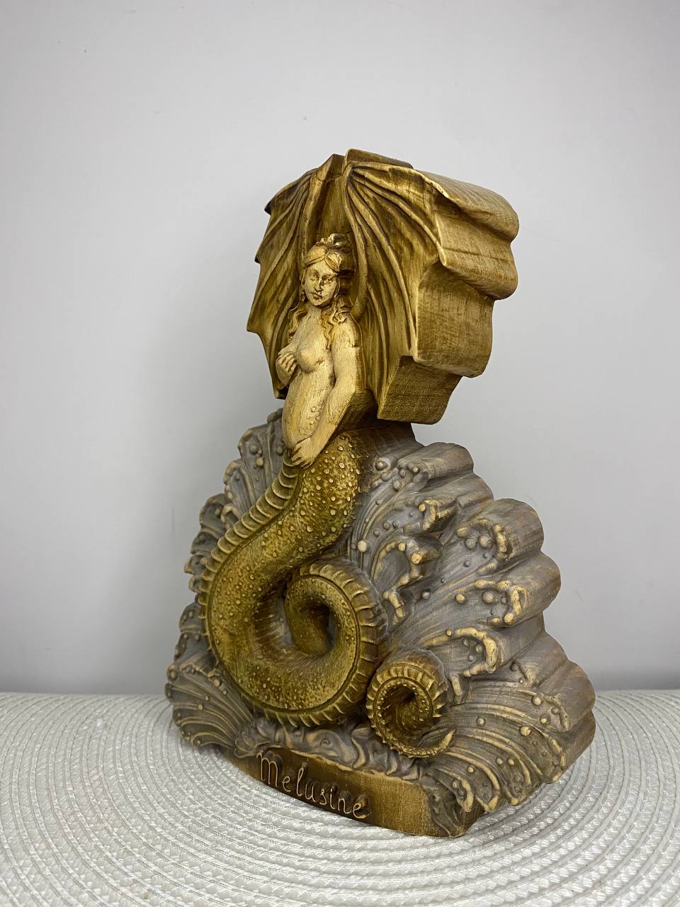 Melusine Statue — Hand-Carved Ash Wood Mythical Water Spirit