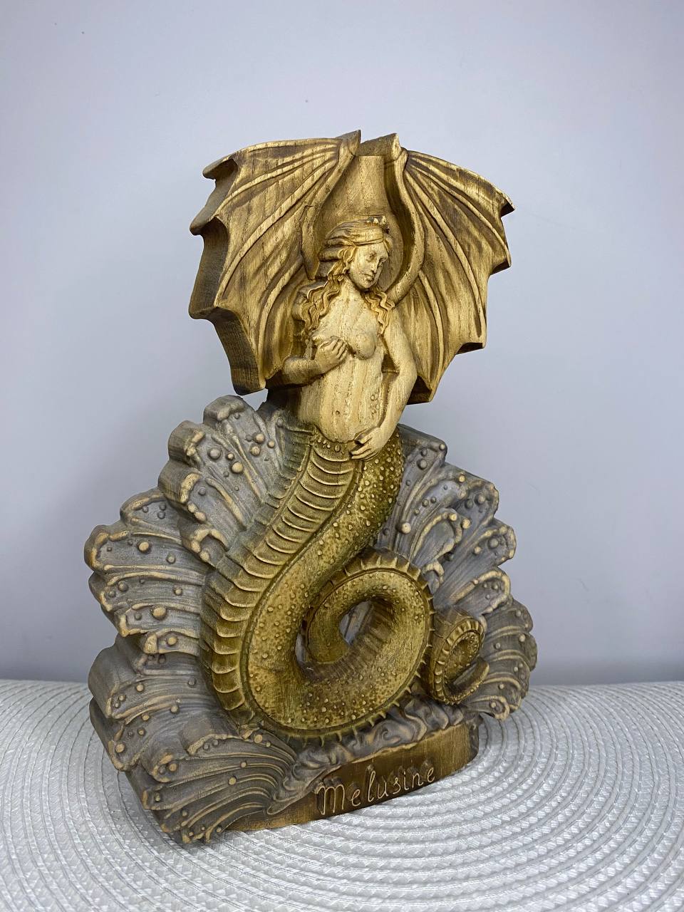 Melusine Statue — Hand-Carved Ash Wood Mythical Water Spirit
