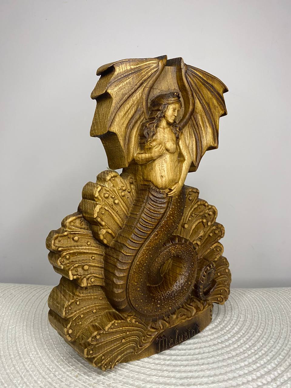 Melusine Statue — Hand-Carved Ash Wood Mythical Water Spirit
