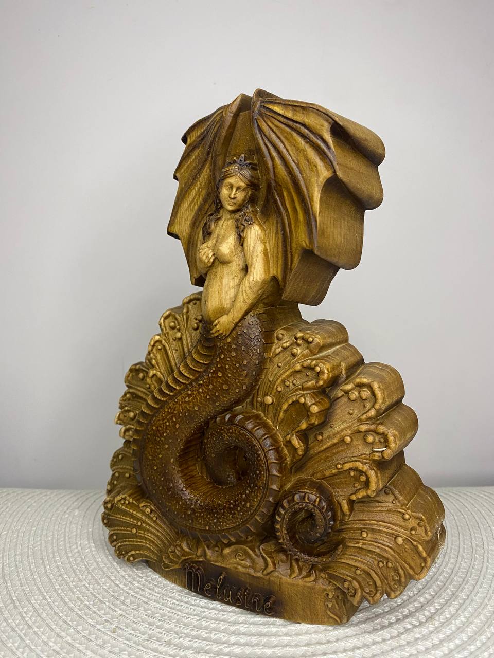 Melusine Statue — Hand-Carved Ash Wood Mythical Water Spirit
