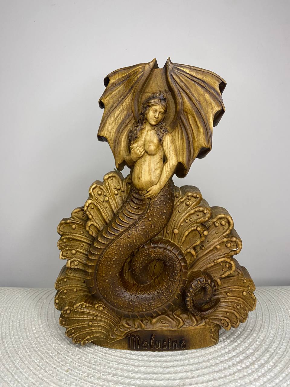 Melusine Statue — Hand-Carved Ash Wood Mythical Water Spirit