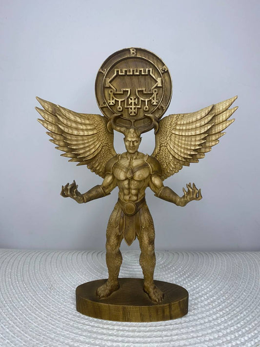 Belial Wooden Demon Statue – Winged Ars Goetia Sigil Sculpture Occult Gothic Altar Decor