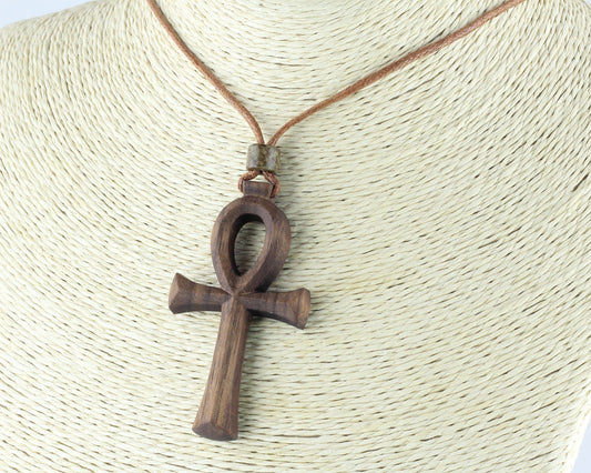 Mystic Unity: Handcrafted Wooden Ankh Cross Pendant with Adjustable Cord