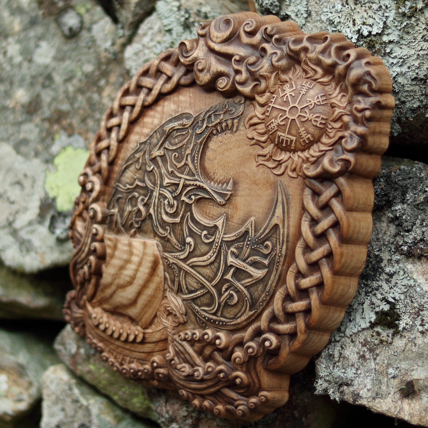 Viking shield, wood carving wall art