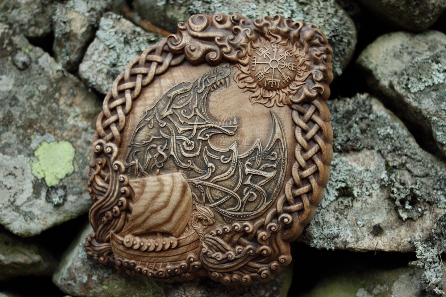 Viking shield, wood carving wall art