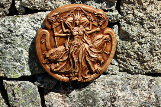 Hecate, Wood carving, Panel handmade picture, Wooden picture
