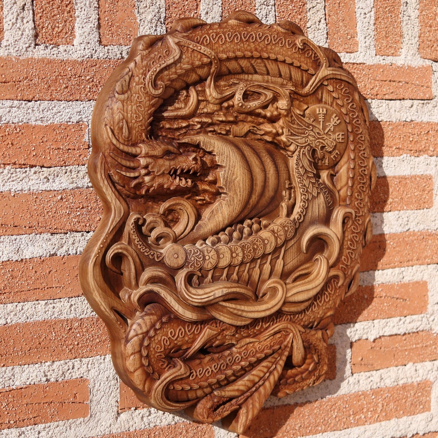 Viking shield,wood carving wall art Odin dragon Viking decor