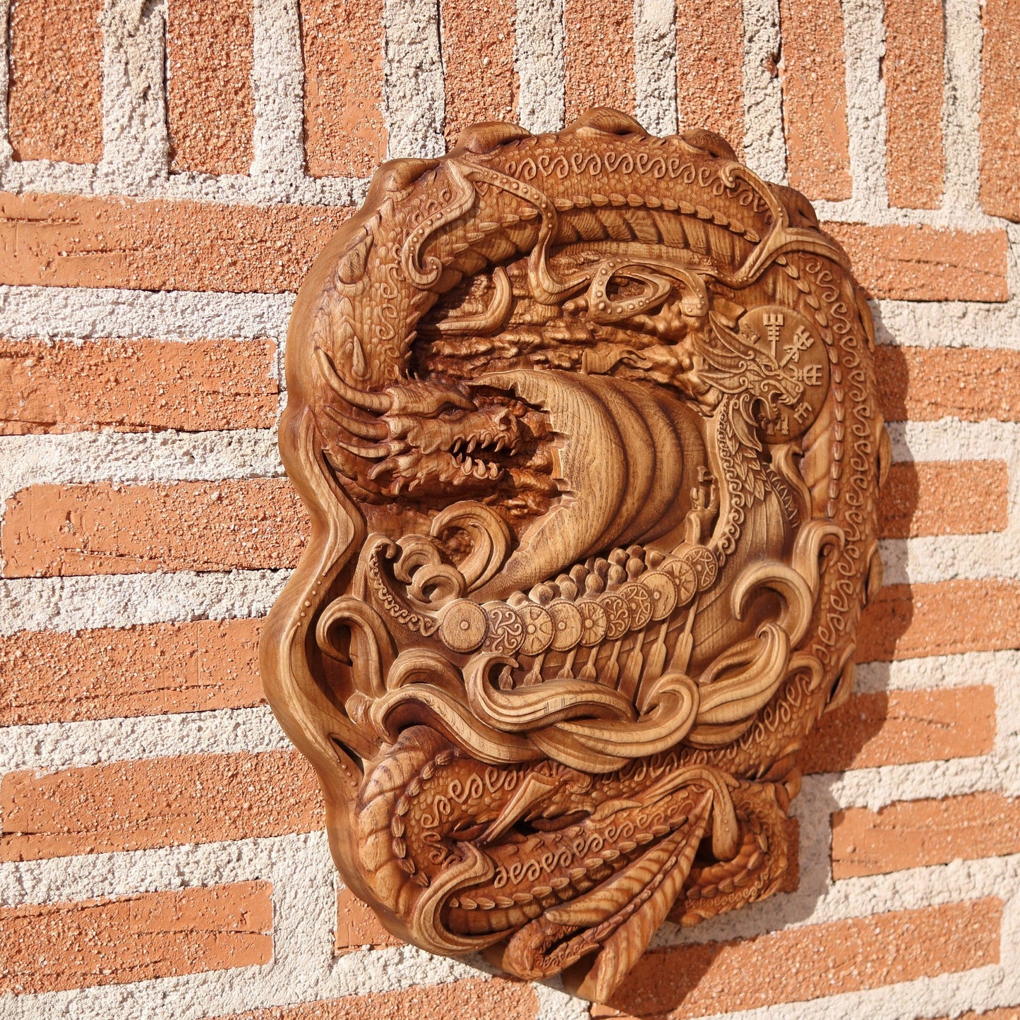 Viking shield,wood carving wall art Odin dragon Viking decor